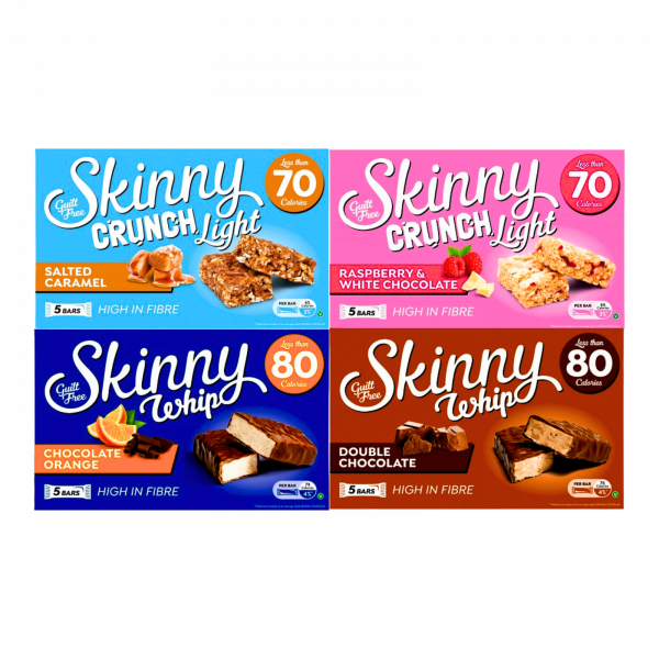 Skinny Bars Salted Caramel, Chocolate Orange, Raspberry & Double Chocolate