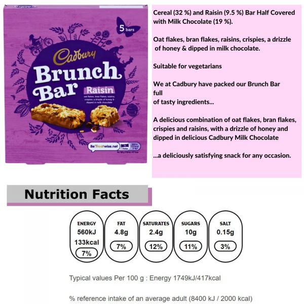 5X Cadbury Brunch Bar Raisin Cereal Bars - Image 2