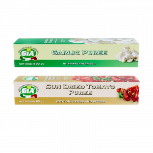 2X Gia Garlic Puree in Sunflower Oil 90g and Sun Dried Tomato Puree 70g
