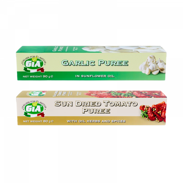 2X Gia Garlic Puree in Sunflower Oil 90g and Sun Dried Tomato Puree 70g