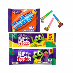 3X Cadbury Fudge, Dairy Milk Freddo Caramel And Dairy Milk Freddo with Halloween Party Whistle Bundle