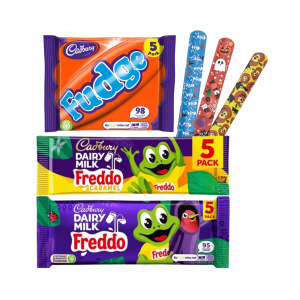 3X Cadbury Fudge, Dairy Milk Freddo Caramel And Dairy Milk Freddo with 3 Halloween Snap Bracelets
