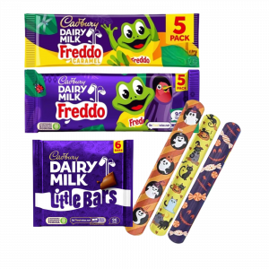 3X Cadbury Dairy Milk Freddo Caramel, Dairy Milk Freddo And Little Bars with 3X Snap Halloween Bracelets