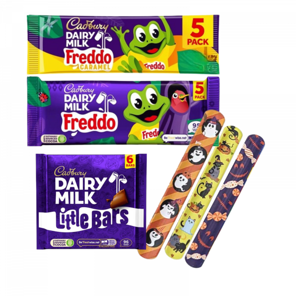 3X Cadbury Dairy Milk Freddo Caramel, Dairy Milk Freddo And Little Bars with 3X Snap Halloween Bracelets