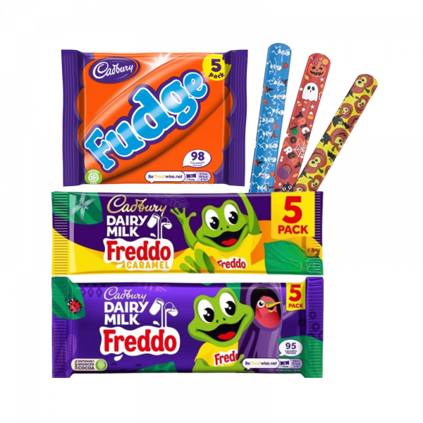 3X Cadbury Fudge, Dairy Milk Freddo Caramel And Dairy Milk Freddo with 3 Halloween Snap Bracelets