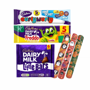 3X Cadbury Curlywurly, Dairy Milk Freddo Caramel And Dairy Milk Little Bars With 3X Halloween Snap Bracelets