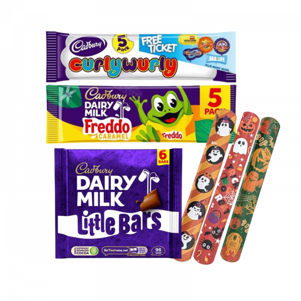 3X Cadbury Curlywurly, Dairy Milk Freddo Caramel And Dairy Milk Little Bars With 3X Halloween Snap Bracelets