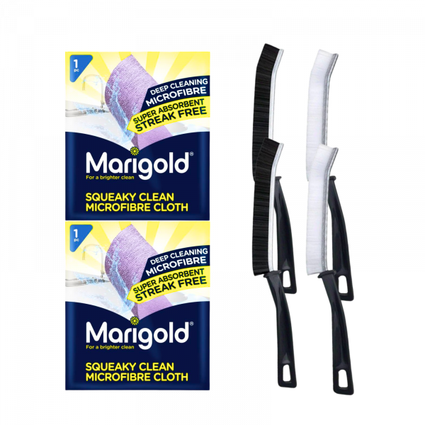 2X Marigold Squeaky clean microfibre cloth And 4X Crevice Grout Cleaning Brush Bundle