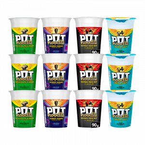 12X King Pot Noodles Chicken & Mushroom, Doner Kebab, Bombay Bad Boy And Sweet & Sour Flavour 90g