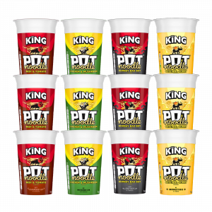 12X King Pot Noodles Chicken & Mushroom, Beef & Tomato, Bombay Bad Boy And Original Curry Flavour 114g