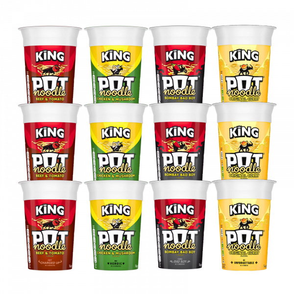 12X King Pot Noodles Chicken & Mushroom, Beef & Tomato, Bombay Bad Boy And Original Curry Flavour 114g