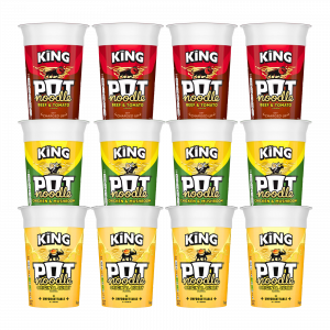 12X King Pot Noodles Chicken & Mushroom, Beef & Tomato And Original Curry Flavour 114g