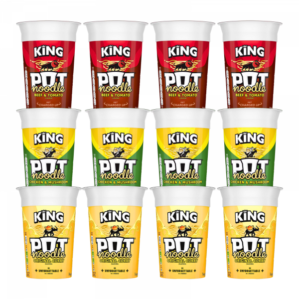 12X King Pot Noodles Chicken & Mushroom, Beef & Tomato And Original Curry Flavour 114g