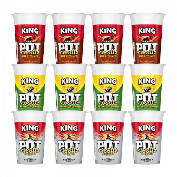 12X King Pot Noodles Chicken & Mushroom, Beef & Tomato And Sticky Rib Flavour 114g