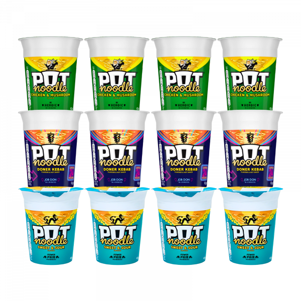 12X King Pot Noodles Chicken & Mushroom, Doner Kebab and Sweet & Sour Flavour 90g