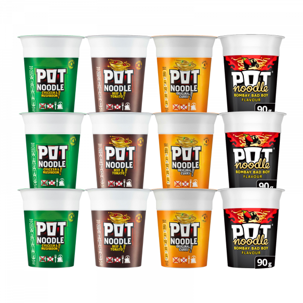 12X King Pot Noodles Chicken & Mushroom, Beef & Tomato, Original Curry And Bombay Bad Boy Flavour 90g