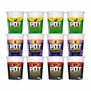 12X King Pot Noodles Chicken & Mushroom, Doner Kebab And Bombay Bad Boy Flavour 90g
