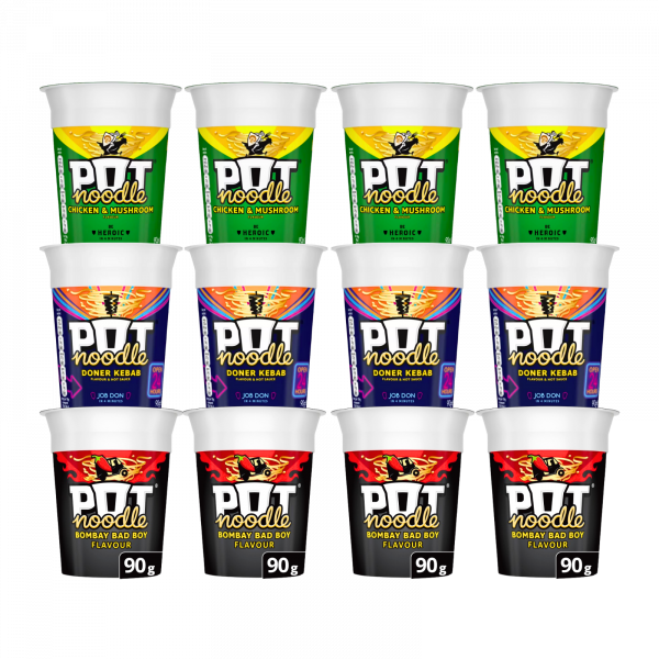 12X King Pot Noodles Chicken & Mushroom, Doner Kebab And Bombay Bad Boy Flavour 90g