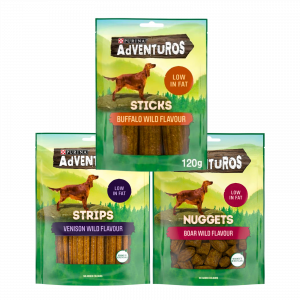 3X Adventuros Buffalo Flavour Sticks 120g, Nuggets Boar Flavour 90g and Strips Venison Flavour Dog Treats