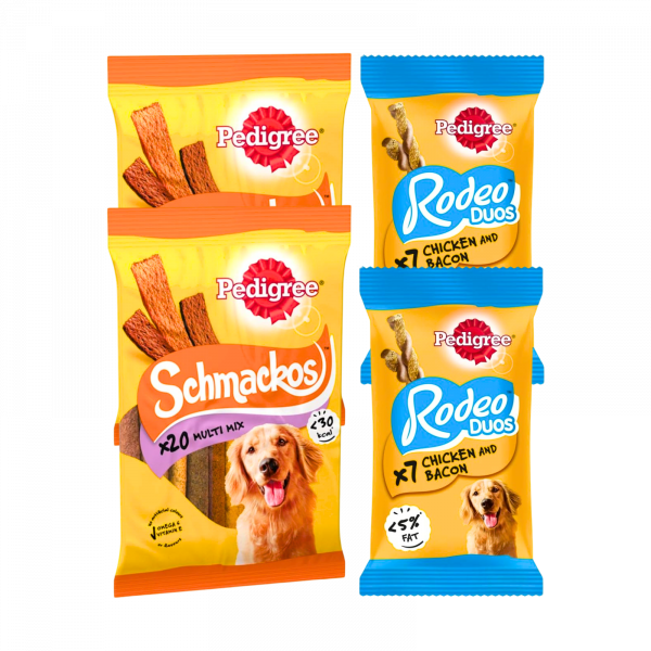 4X Pedigree Schmackos Multi Mix 20 pcs & Rodeo Chicken and Bacon 7 pcs