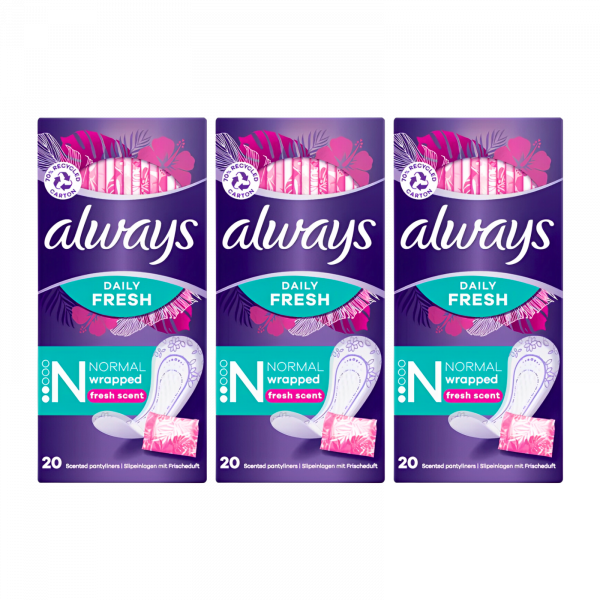 3X Always Daily Fresh Normal Wrapped Fresh scent 20 Pads - 60 Pads in total