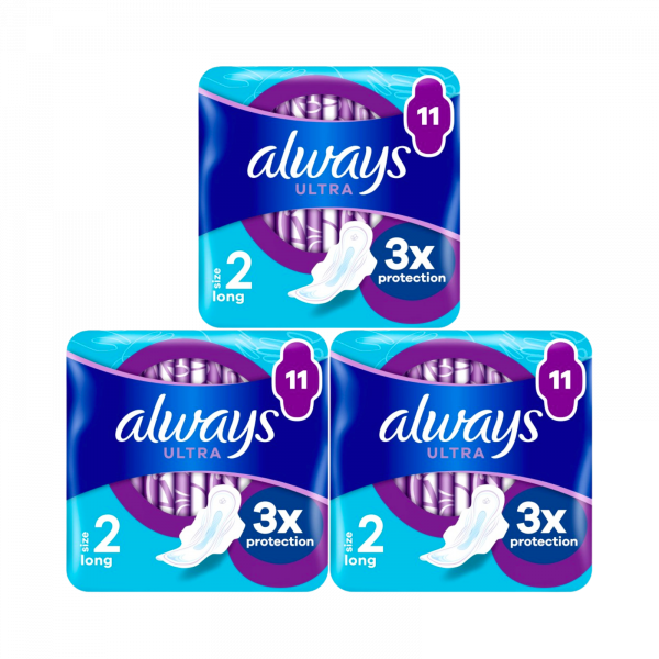 3X Always Ultra size 2 Long 3x Protection 11 pads - 33 in total