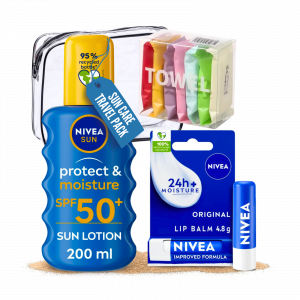 3X Suncare Bundle Nivea Sun protect SPF 50 Sun Lotion, Nivea Lip Balm And Summer Compressed towel with Transparent Bag