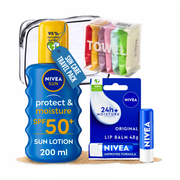 3X Suncare Bundle Nivea Sun protect SPF 50 Sun Lotion, Nivea Lip Balm And Summer Compressed towel with Transparent Bag