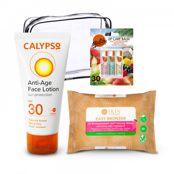 3X Calypso Anti-Age Face lotion spf 30, Skin Bronzer Tanning Wipes And Malibu Lip Care Balm spf 30