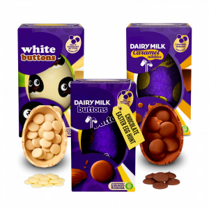 3X Cadbury white buttons, Dairy milk Buttons And Dairy Milk Caramel Nibbles Easter Eggs Small