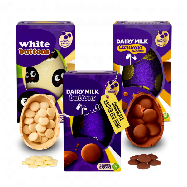 3X Cadbury white buttons, Dairy milk Buttons And Dairy Milk Caramel Nibbles Easter Eggs Small