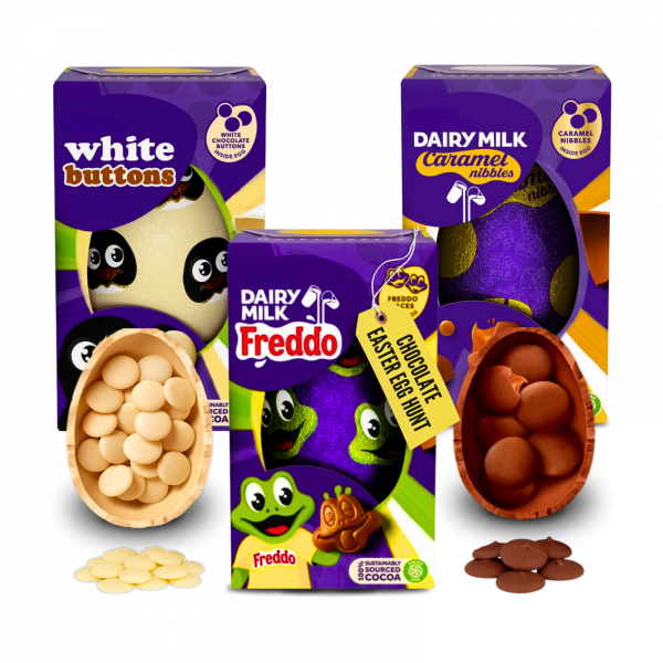 3X Cadbury White Buttons, Dairy Milk Freddo And Dairy Milk Caramel Nibbles Easter chocolate Eggs