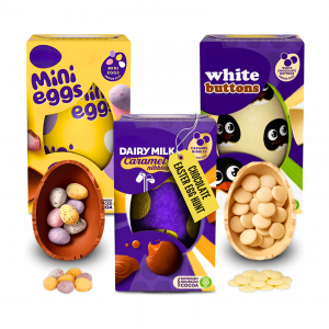3X Cadbury white buttons, Cadbury Mini Eggs And Dairy Milk Caramel Nibbles Easter Eggs Small