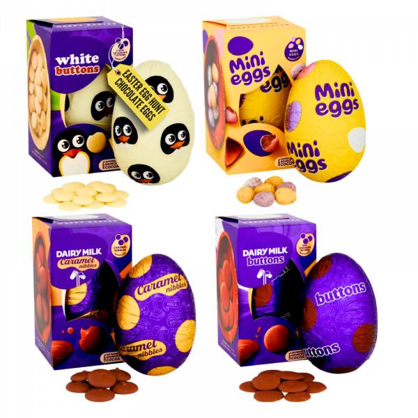 4X Cadbury White Buttons, Mini Eggs, Dairy Milk Caramel Nibbles And Dairy Milk Buttons Easter Eggs