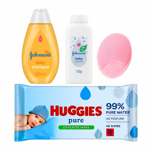 4X Baby Skincare Bundle Johnson's Baby shampoo, Johnson's baby Powder, Huggies pure wipes And Baby Gentle shower Scrub