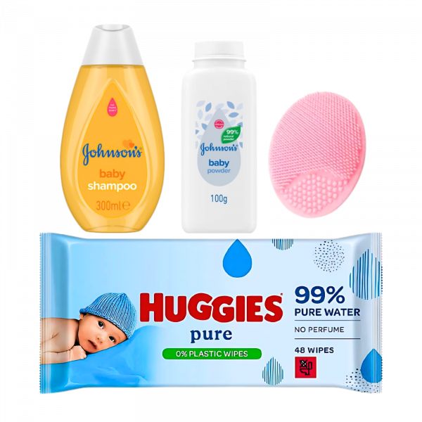 4X Baby Skincare Bundle Johnson's Baby shampoo, Johnson's baby Powder, Huggies pure wipes And Baby Gentle shower Scrub